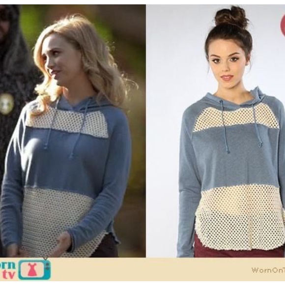 Free People Crochet Panel Blue Pullover Hoodie Sweatshirt Medium - Picture 13 of 13